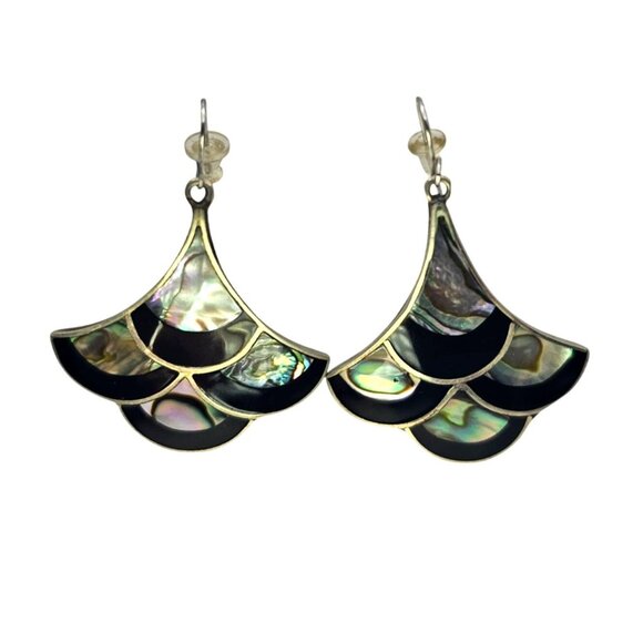 Handmade Alpaca Silver Abalone & Black Onyx Inlay Earrings - Picture 10 of 13